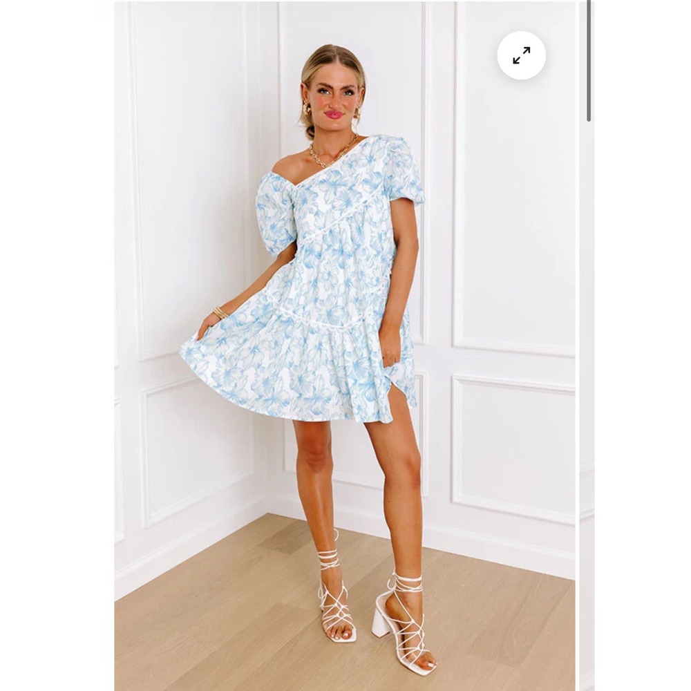 Impressions Botanical Blue White Floral One Shoulder Asymmetrical Mini Dress S